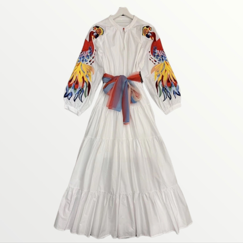 White Cotton Puff Embroidered Sleeve Tiered Skirt Split Neck Casual Maxi Dress M